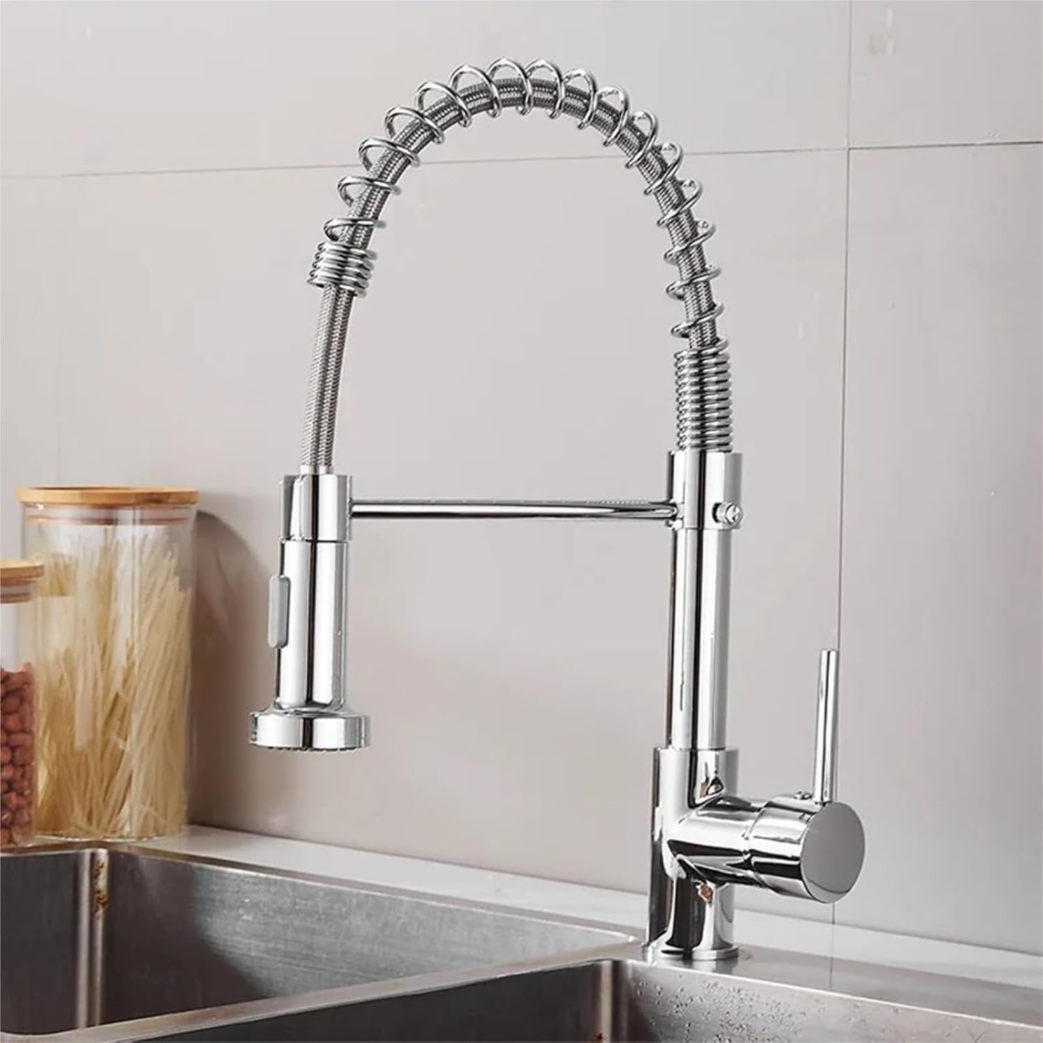 Kitchen Faucet Hot and Cold Spring Brass 360° Rotating Sink Tap Two Function Spray(Chrome)