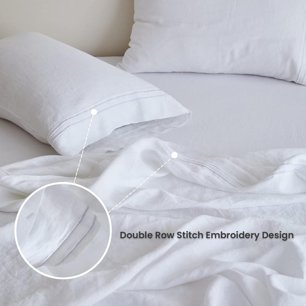 Simple&Opulence 100% Linen Sheet Set 4 Pieces Natural France Flax Bed Sheet (1 Flat Sheet, 1 Fitted Sheet, 2 Pillowcases) Breathable Luxury Hotel Bedding - Embroidery White, King Size