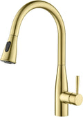 KIBI Bari-T Single Handle Pull Down Kitchen Faucet with High Arc Solid Brass Spout | 360-Degree Swivel, and Dual-Function Sprayer | Modern Pull Down Faucet for Kitchen Sink (Brushed Gold, KKF2016)