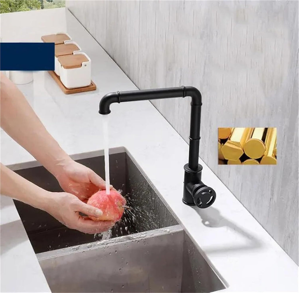 Kitchen Faucets Retro Industrial Style Brass Crane Bathroom Faucets 360 Rotate Hot and Cold Water Mixer Tap(Black)