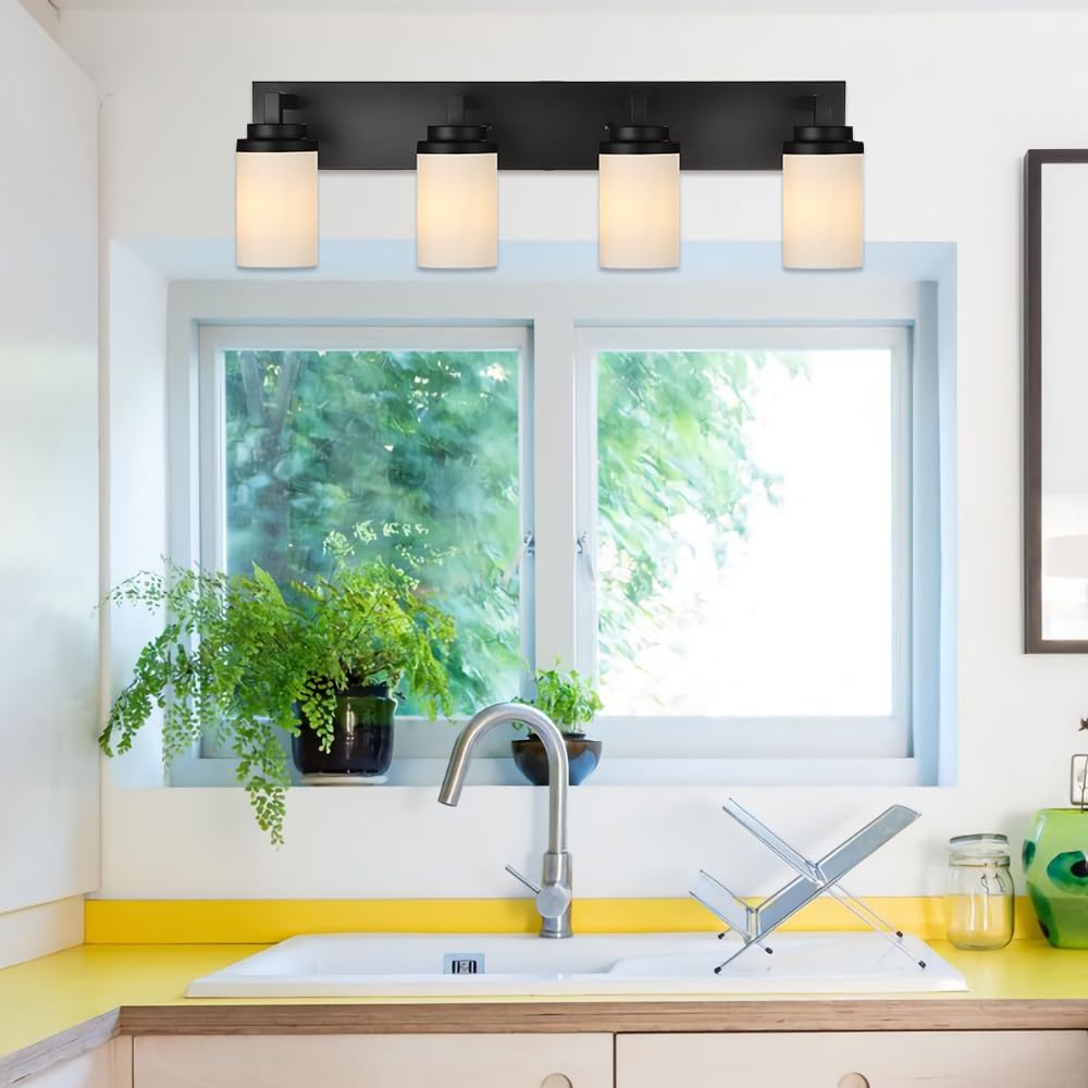 TODOLUZ 4-Lights Bathroom Light Fixtures in Matte Black, Modern Opal White Glass Vanity Light E26 Bulb Base, Wall Mount Lighting for Bedroom Bath Living Room