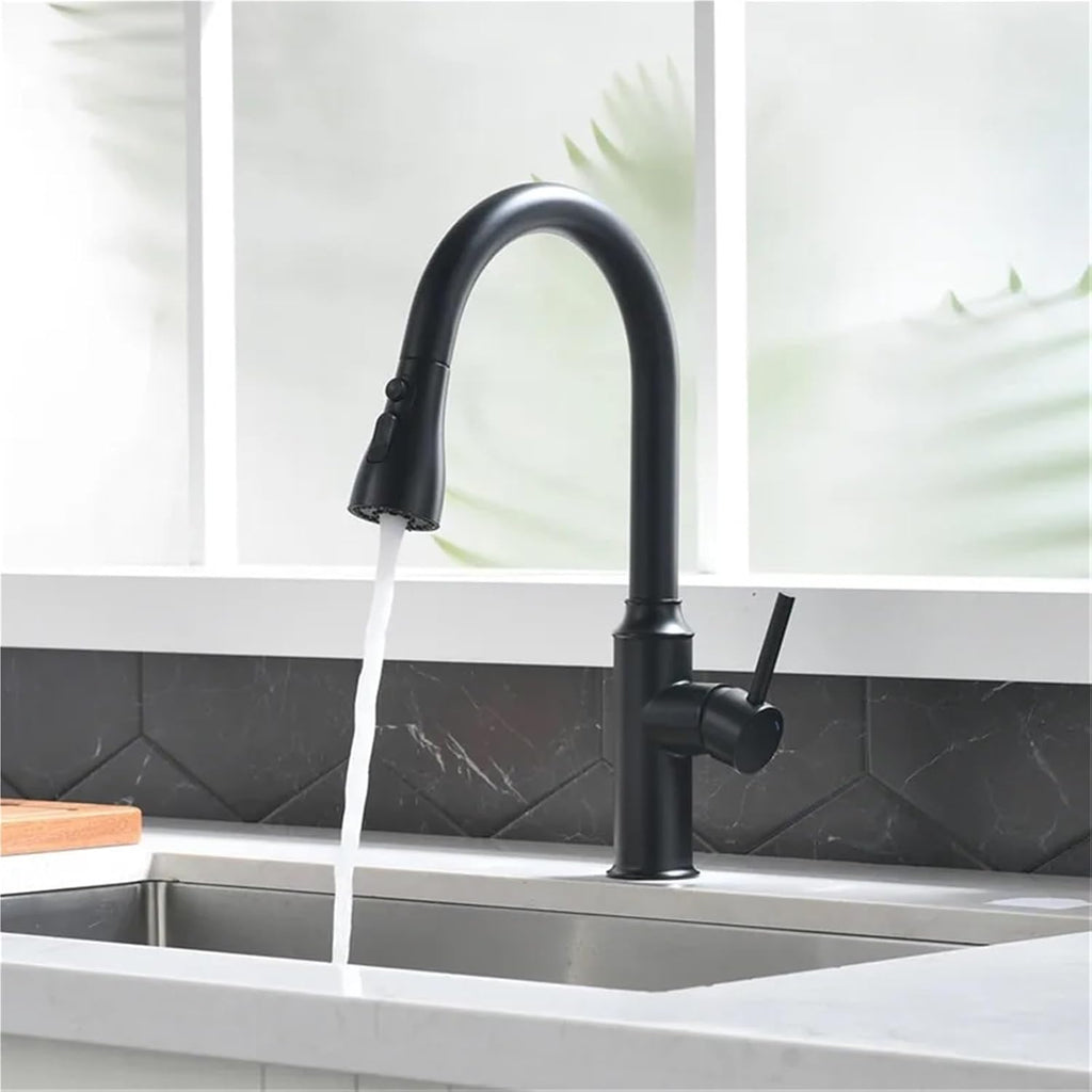 Kitchen Pull-Out Faucet Hot and Cold Water Sink Stainless Steel 360 Rotating Telescopic Faucet(Black)