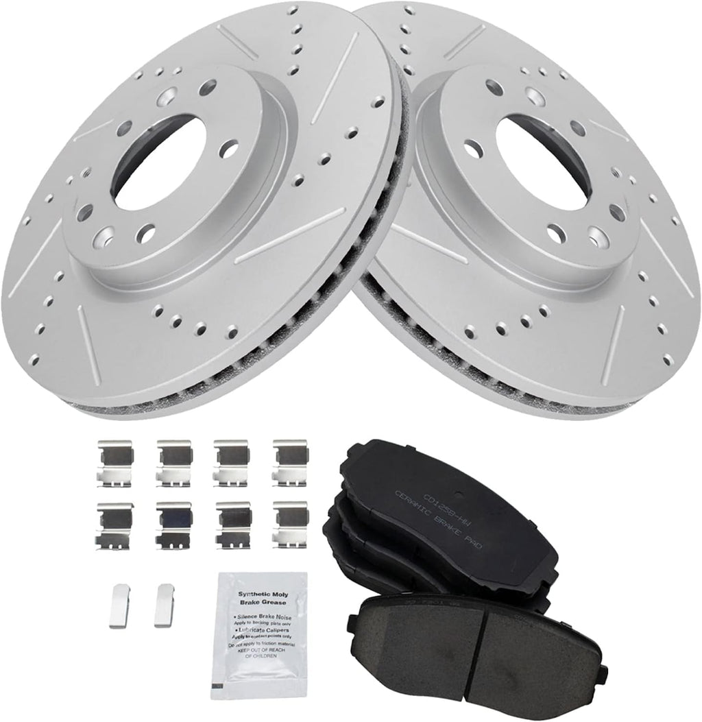 TRQ Performance Front Brake Pad and Rotor Set Ceramic G Coated Slotted Drilled Rotors Compatible with 2007-2012 Mazda CX-7