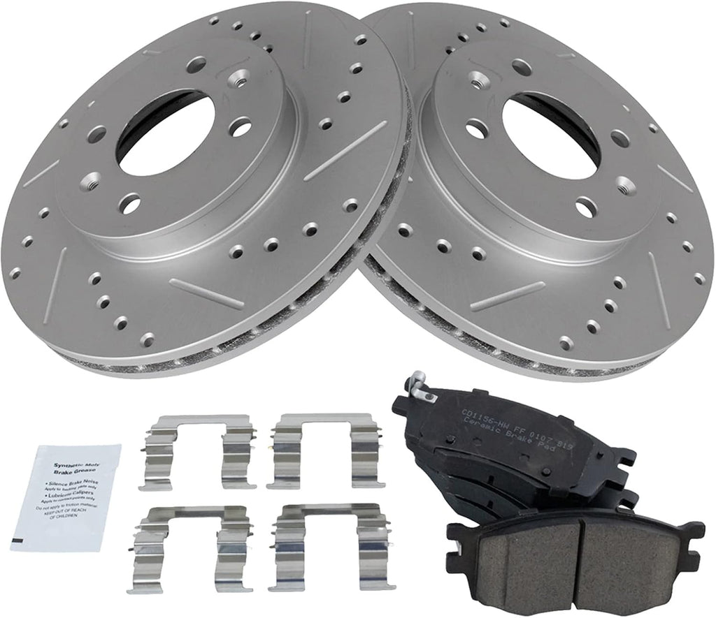 TRQ Performance Front Brake Pad and Rotor Set Ceramic Coated Drilled Slotted Rotors Compatible with 2006-2011 Hyundai Accent Kia Rio
