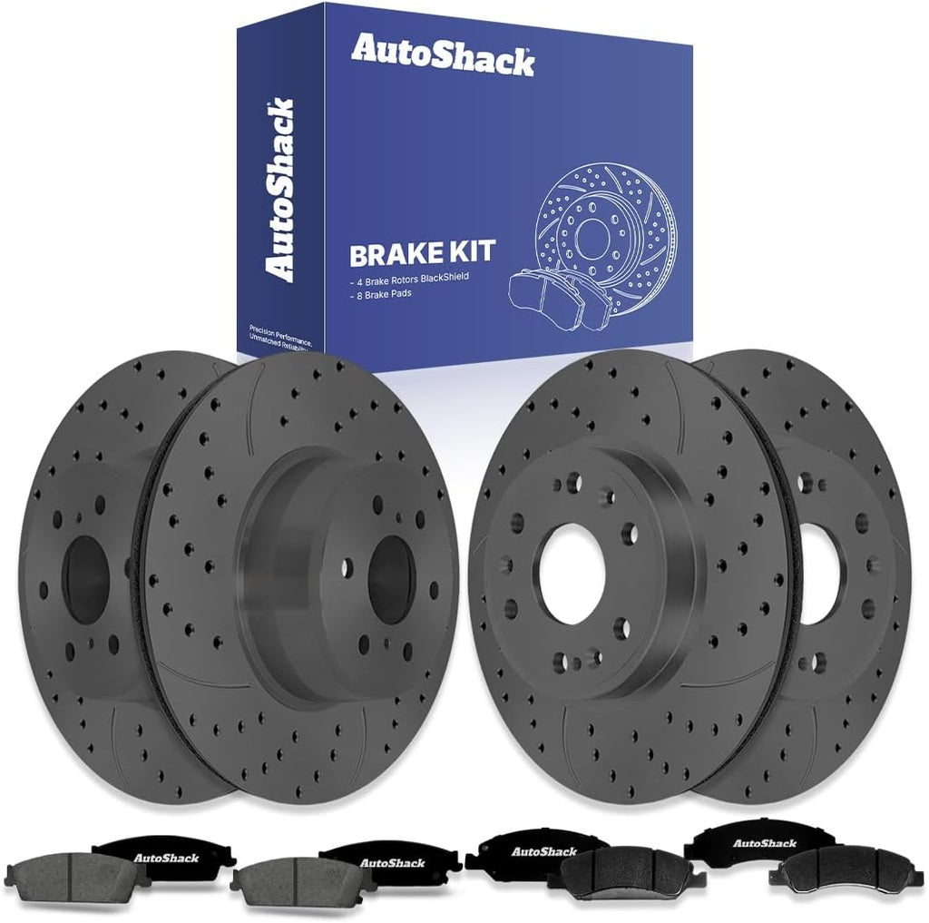 AutoShack Front & Rear Brake Rotors & Premium Pads for Chevrolet, Silverado 1500 2007-2013, 4WD RWD V8 4.8L 5.3L 6.0L 6.2L - Coated Drilled & Slotted - Black Matte Finish - BlackShield