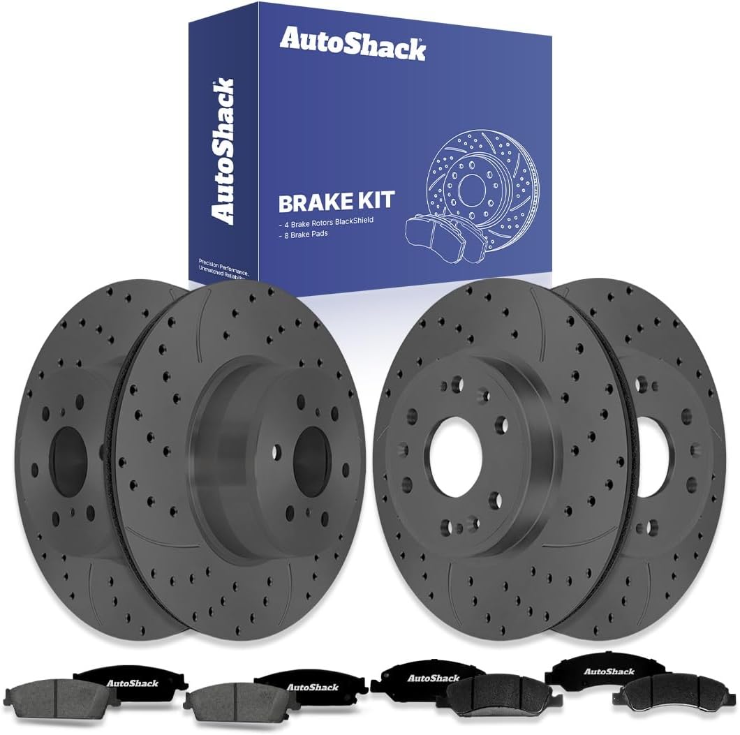 AutoShack Front & Rear Brake Rotors & Premium Pads for Chevrolet, Silverado 1500 2007-2013, 4WD RWD V8 4.8L 5.3L 6.0L 6.2L - Coated Drilled & Slotted - Black Matte Finish - BlackShield