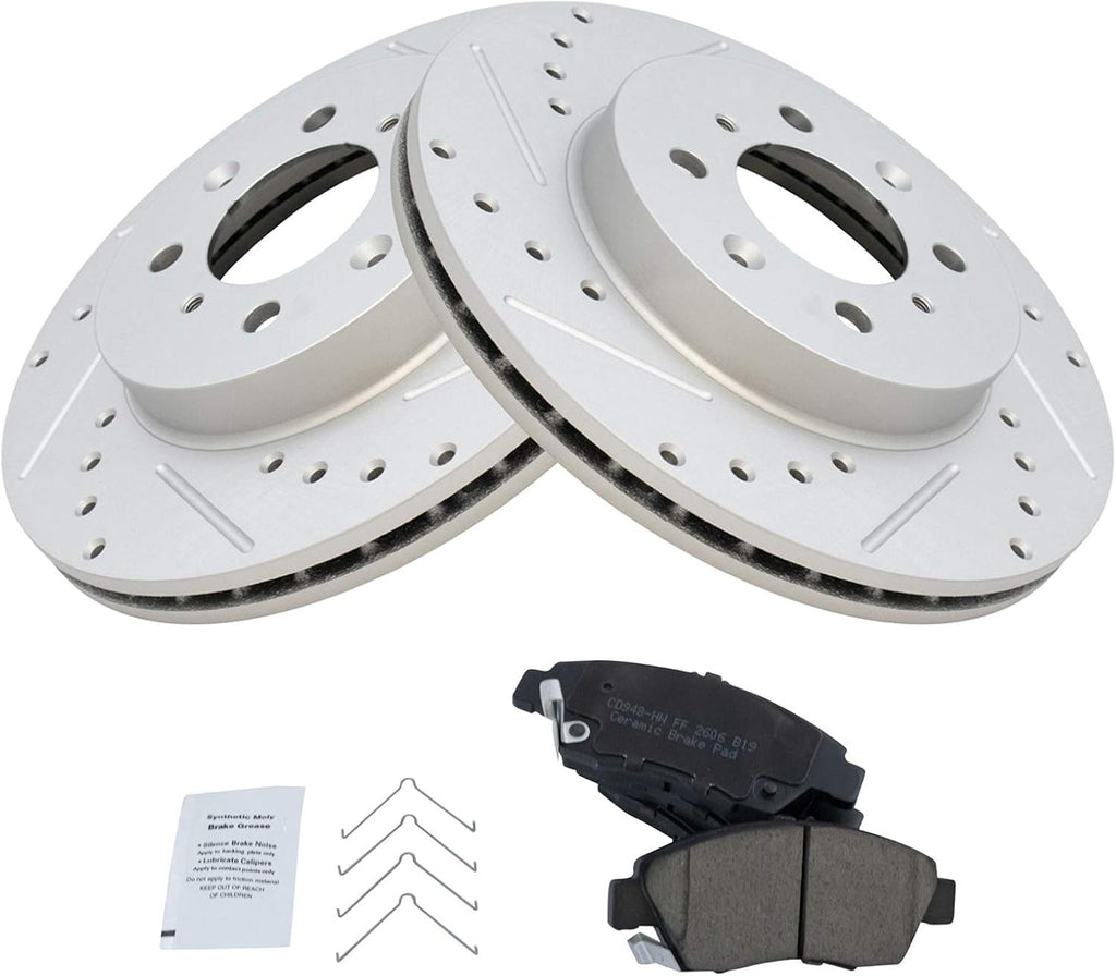 TRQ Performance Front Brake Pad and Rotor Set Ceramic Coated Drilled Slotted Vented Rotors Compatible with 2003-2005 Honda Civic 1994-1997 Civic del Sol 2007-2013 Fit