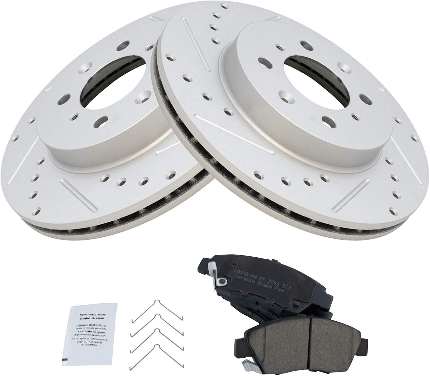 TRQ Performance Front Brake Pad and Rotor Set Ceramic Coated Drilled Slotted Vented Rotors Compatible with 2003-2005 Honda Civic 1994-1997 Civic del Sol 2007-2013 Fit
