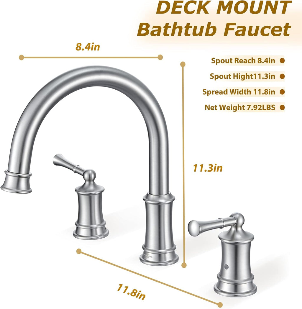 Brushed Nickel Roman Tub Faucet, Antique Bathtub Faucet Set 3 Hole, High Flow Bath Tub Faucet 12-16 inch Widespread, Solid Brass Tub Filler 2 Handle 360° Swivel Spout Rough-in Valve(B2307-BN)