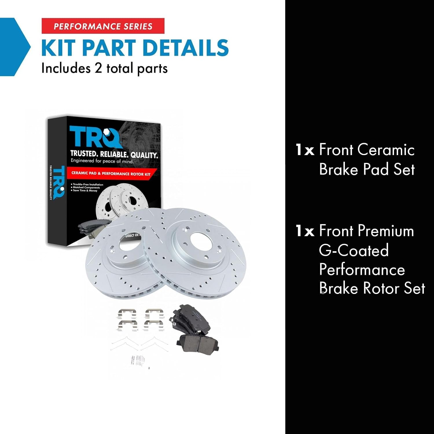 TRQ Performance Front Ceramic Brake Pad and Rotor Set Coated Drilled Slotted Compatible with 16 Hyundai Santa Fe Sport From 11/25/15 Production Date, 17-18 Hyundai Santa Fe Sport, 16-20 Kia Sorento