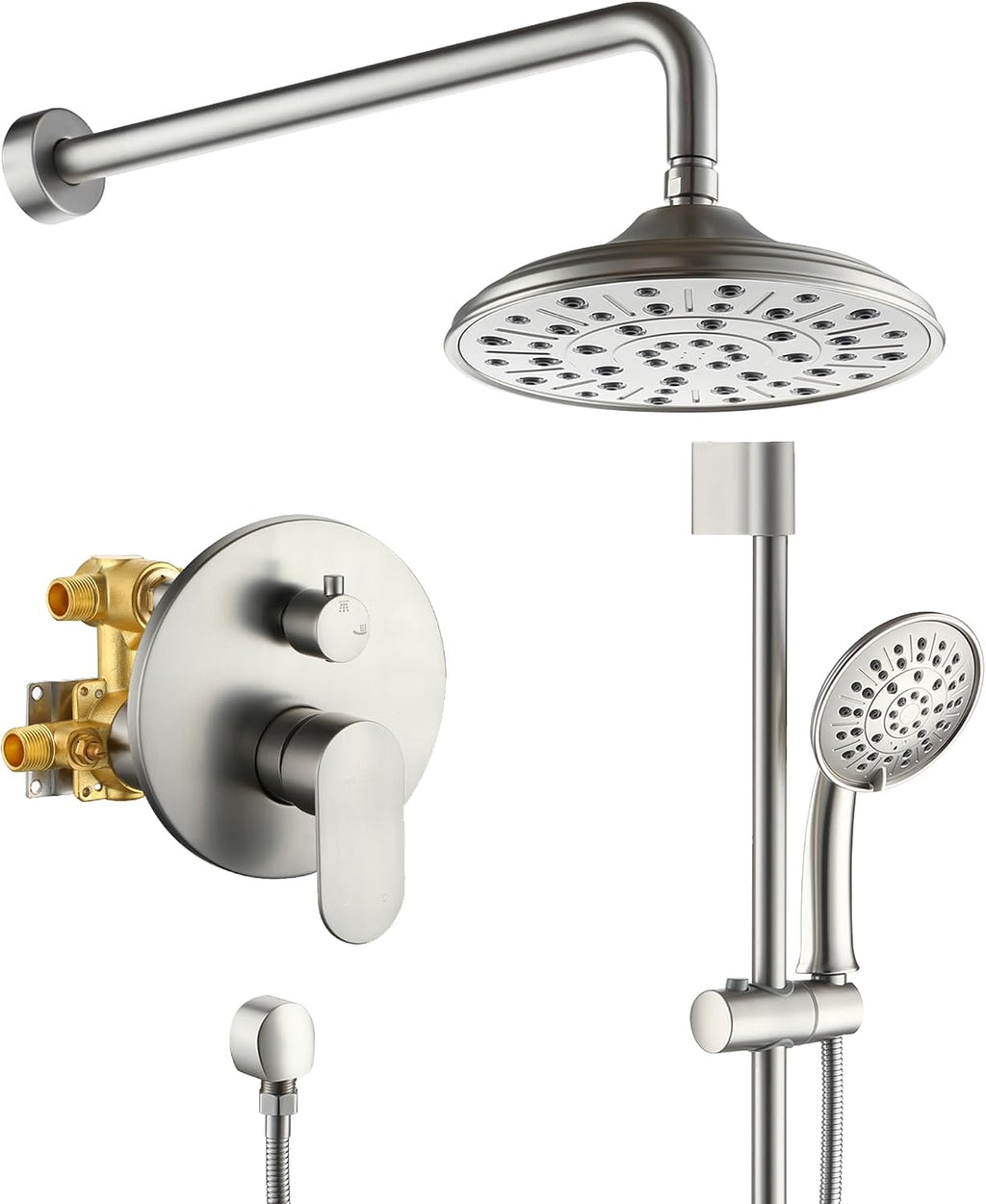 MONDAWE 8 Inch Wall Mounted Shower Faucet Set in Brushed Nickel, Rainfall Shower Head with 3-Setting Handheld Spray Shower Set Combo, High Pressure Shower System with Solid Brass Valve