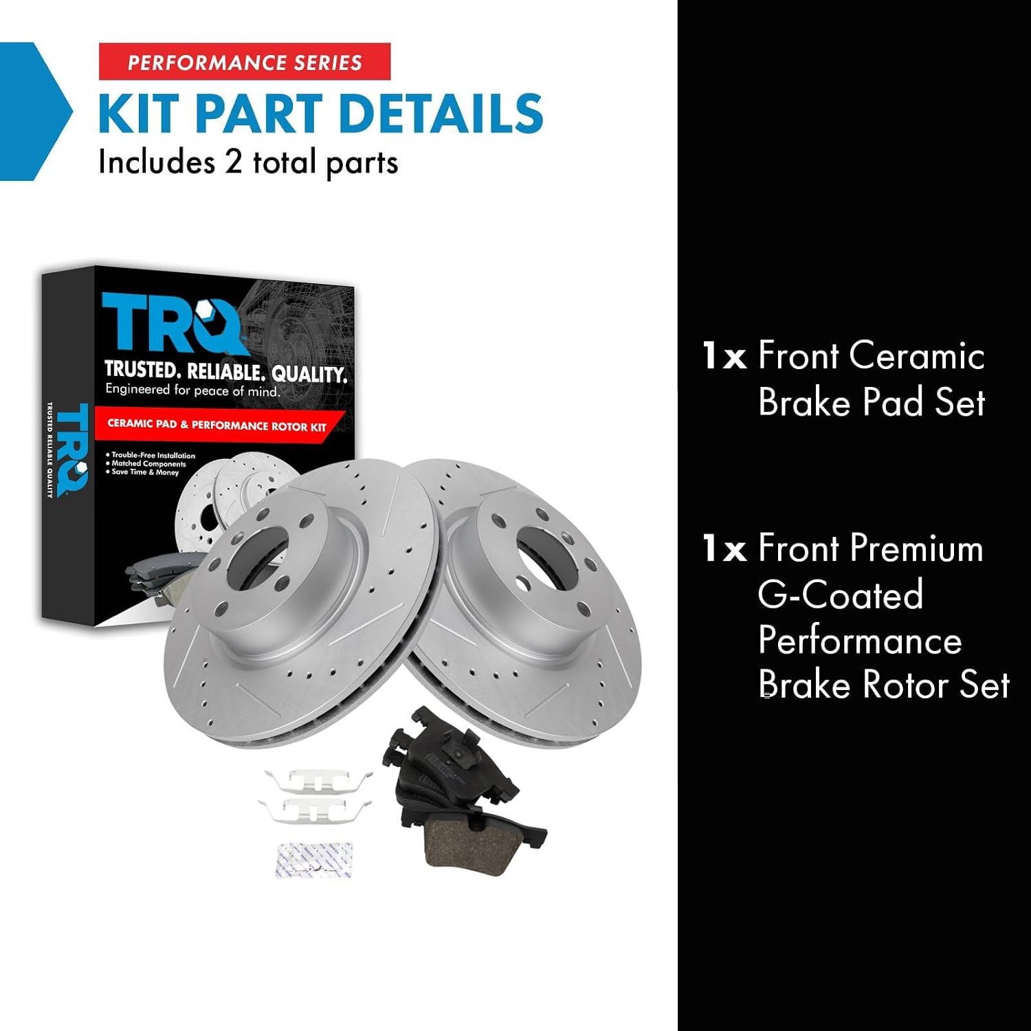 TRQ Performance Front Brake Pad and Rotor Set Ceramic Drilled Slotted G Coated Rotors Compatible with 2011-2017 BMW X3 2015-2018 X4