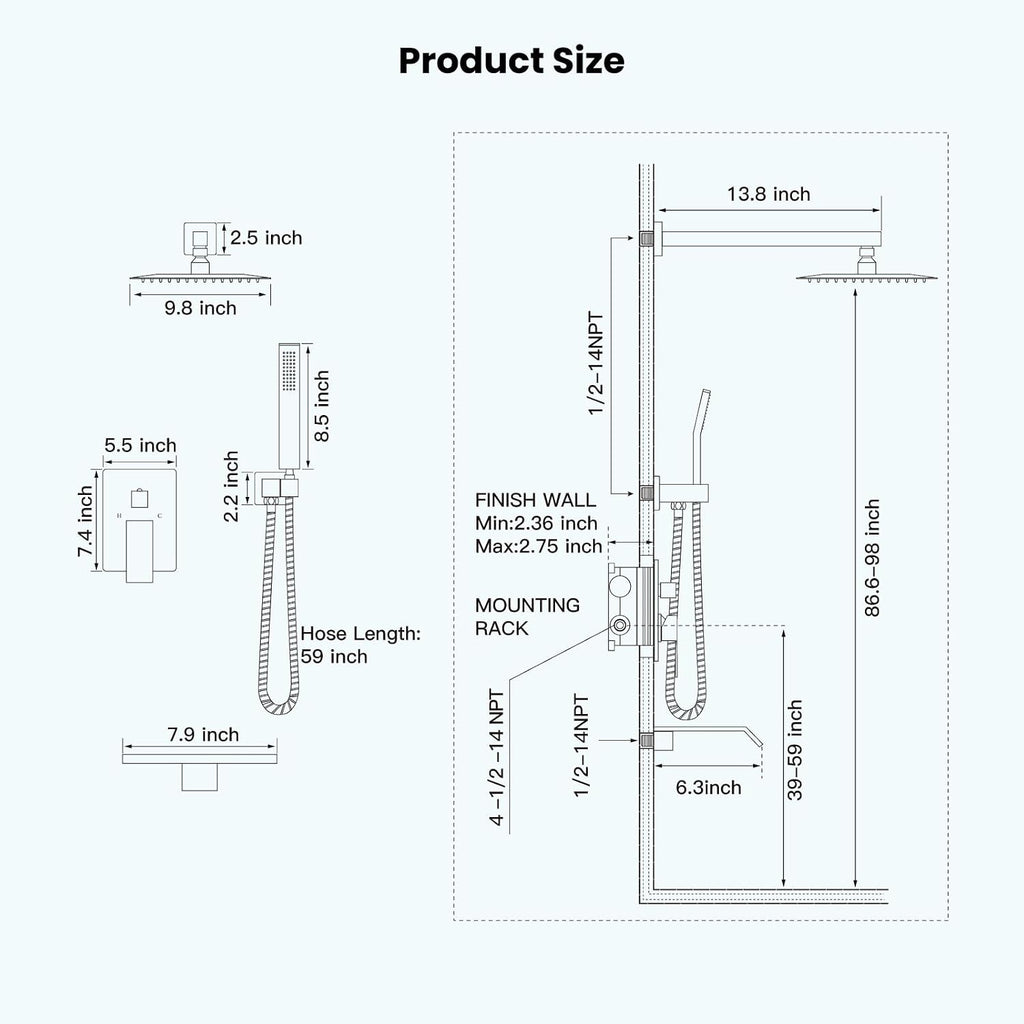 gotonovo 10'' Rain Shower Faucet System Rainfall Shower Head with Handheld Sprayer Waterfall Tub Spout Wall Mounted Mixer Combo Rough-in Valve and Trim Included 7.9 Inch Wide Spout Brushed Gold