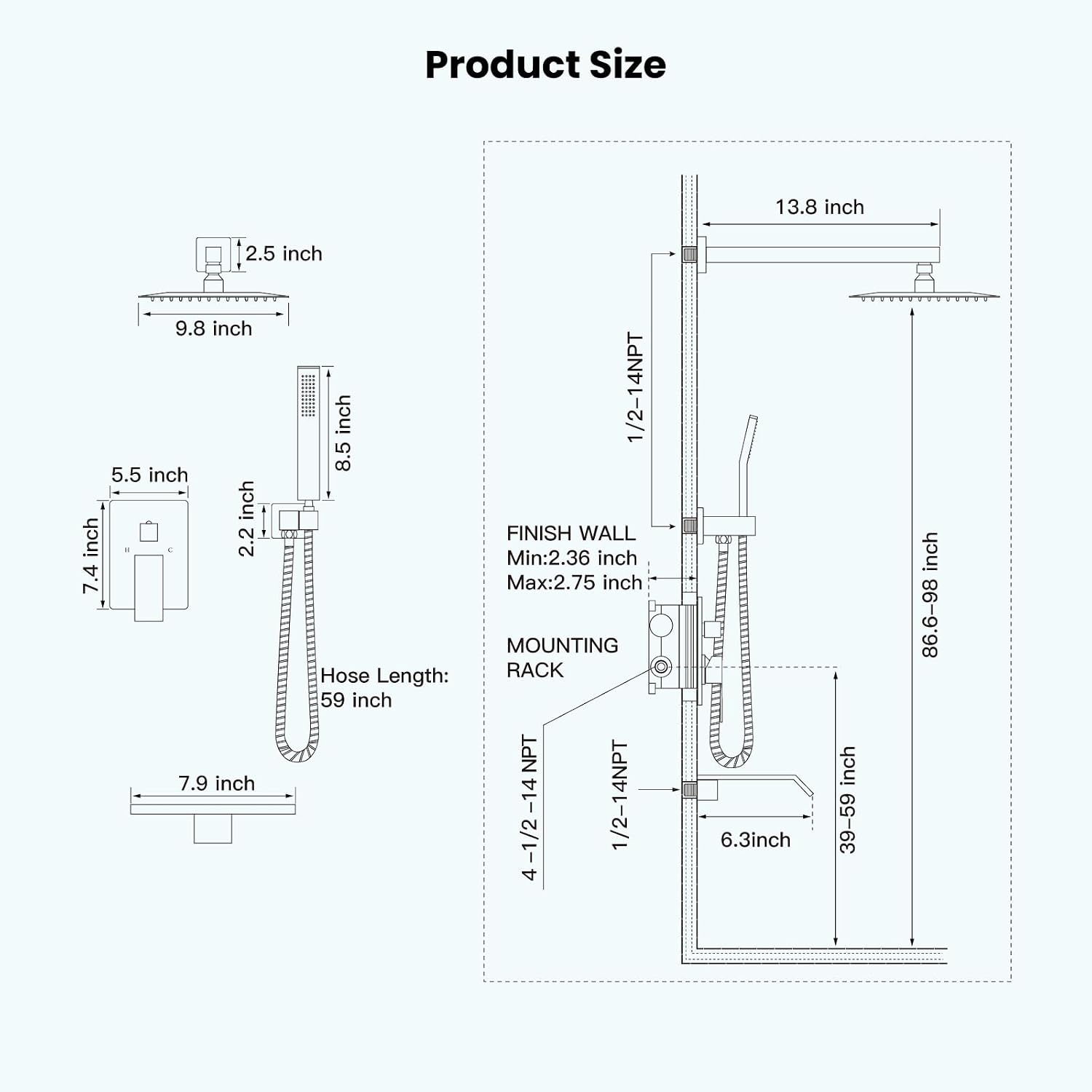 gotonovo 10'' Rain Shower Faucet System Rainfall Shower Head with Handheld Sprayer Waterfall Tub Spout Wall Mounted Mixer Combo Rough-in Valve and Trim Included 7.9 Inch Wide Spout Brushed Gold