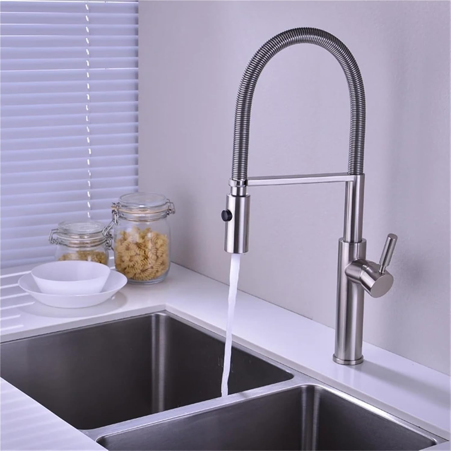Kitchen Faucets Kitchen Sink Single Lever Pull Out Spring Spout Mixers Tap Hot Cold Water Crane(Nickel)