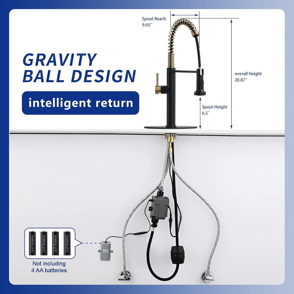 Fapully Touchless Kitchen Faucet with Pull Down Sprayer,Black and Gold Sensor Commercial Pull-Down Single Handle Kitchen Sink Faucet