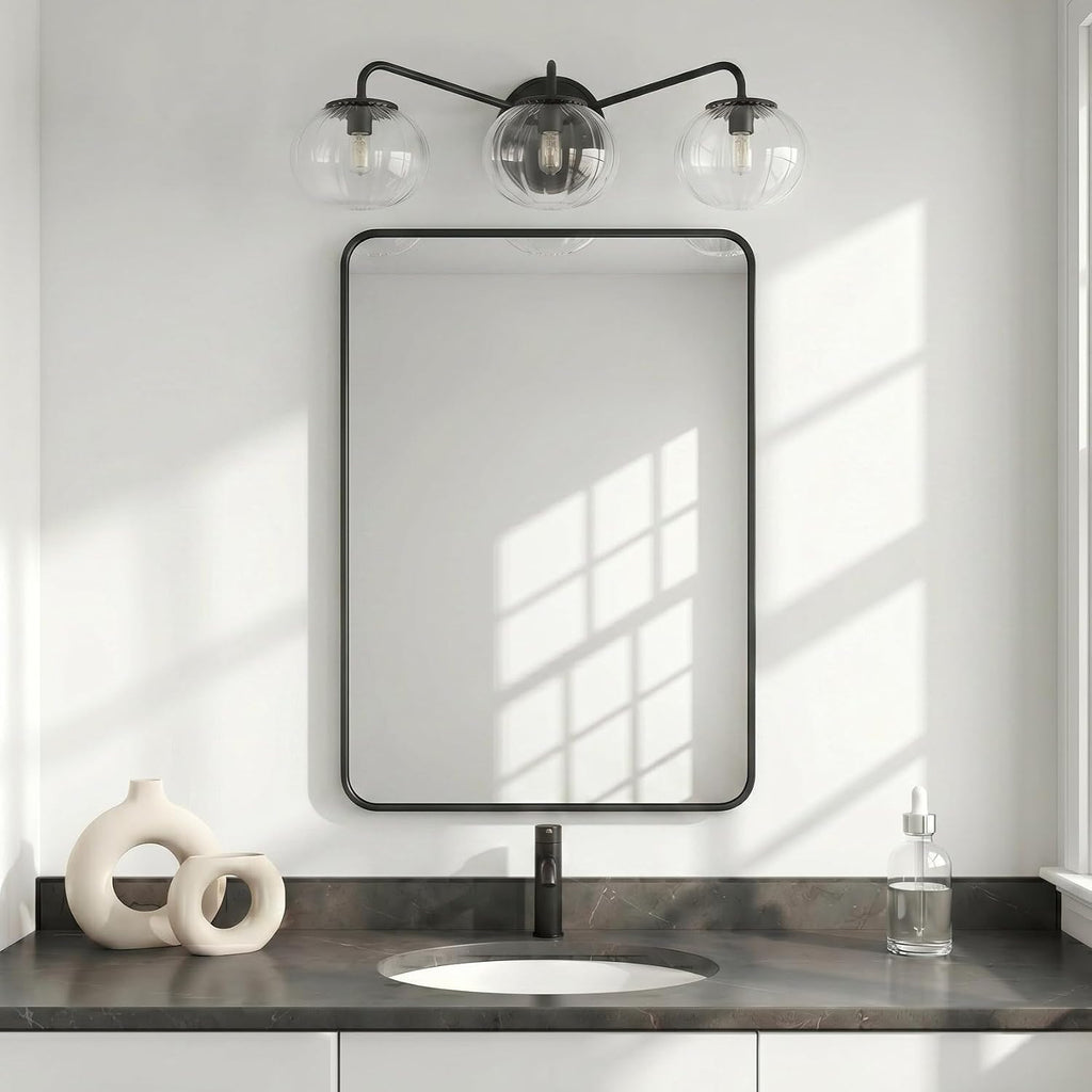 ANDY STAR Black Vanity Lights, 3 Light Bathroom Light Fixtures with Clear Pumpkin-Ribbed Glass Globe Shade, Classic Matte Black Striped Wall Lights for Over Mirror, G9 Base (No Bulbs)