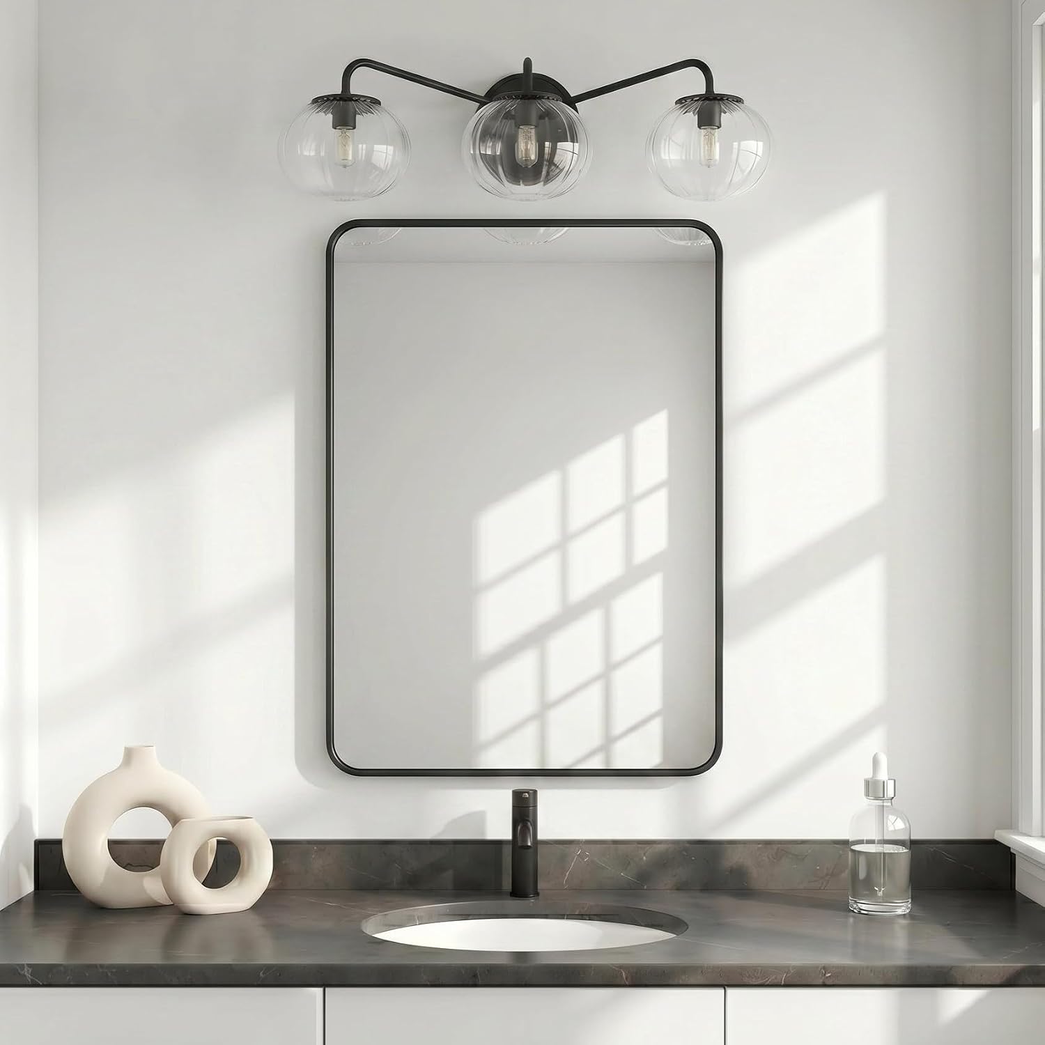ANDY STAR Black Vanity Lights, 3 Light Bathroom Light Fixtures with Clear Pumpkin-Ribbed Glass Globe Shade, Classic Matte Black Striped Wall Lights for Over Mirror, G9 Base (No Bulbs)