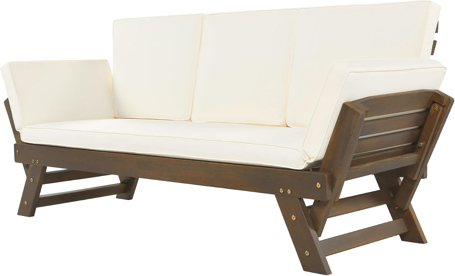 Outdoor Adjustable Patio Wooden Daybed Sofa Chaise Lounge with Cushions for Small Places Porch Lawn Garden Backyard Poolside (Brown Finish+Beige Cushion-02)