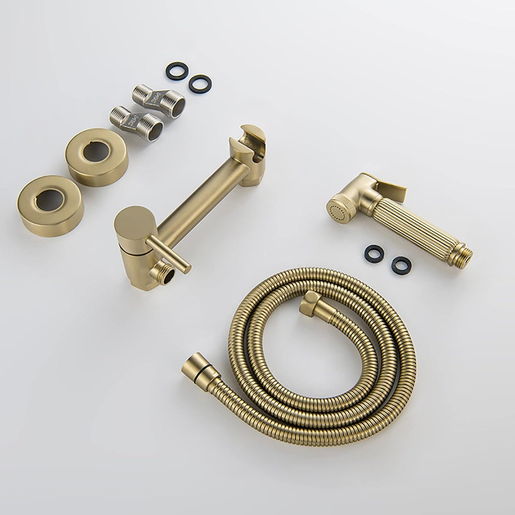 Handheld Bidet Sprayer for Toilet Brass Bathroom Cloth Diaper Set with Cold and Hot Water, Wall Mounted Kit for Feminine Hygiene,Brushed Gold(Black)