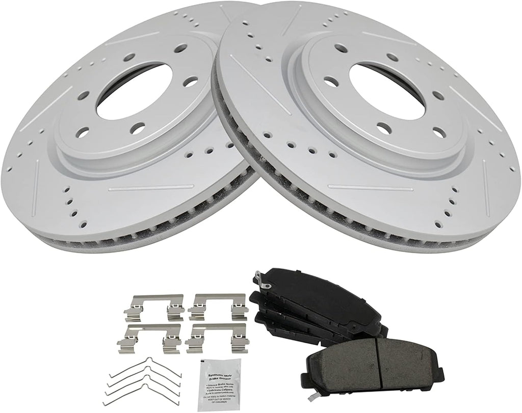 TRQ Performance Front Brake Pad and Rotor Set Ceramic Coated Drilled Slotted Vented Rotors Compatible with 2011-2013 Infiniti QX56 2014-2021 QX80 2012-2021 Nissan Armada 2011-2021 Titan