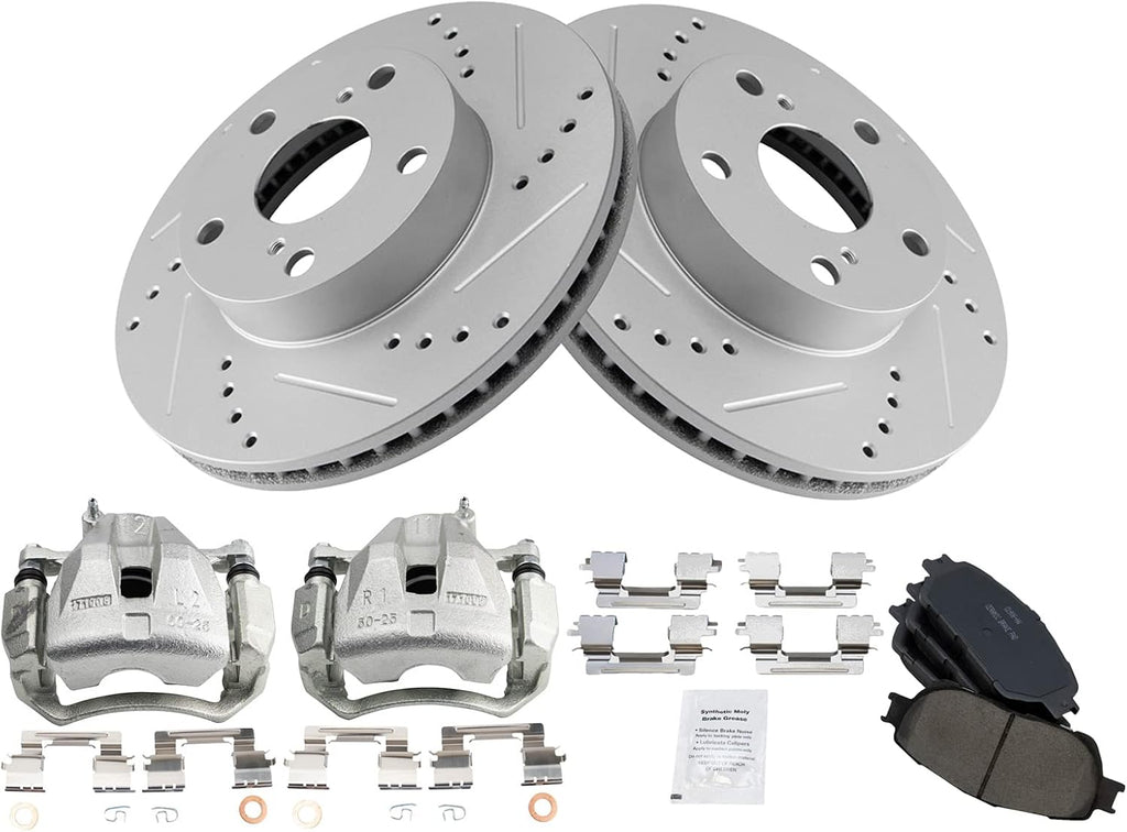 TRQ Performance Front Ceramic Brake Pad and Rotor Set Drilled Slotted Coated Compatible with 2005-2015 Toyota Tacoma with 5 Lug Wheels