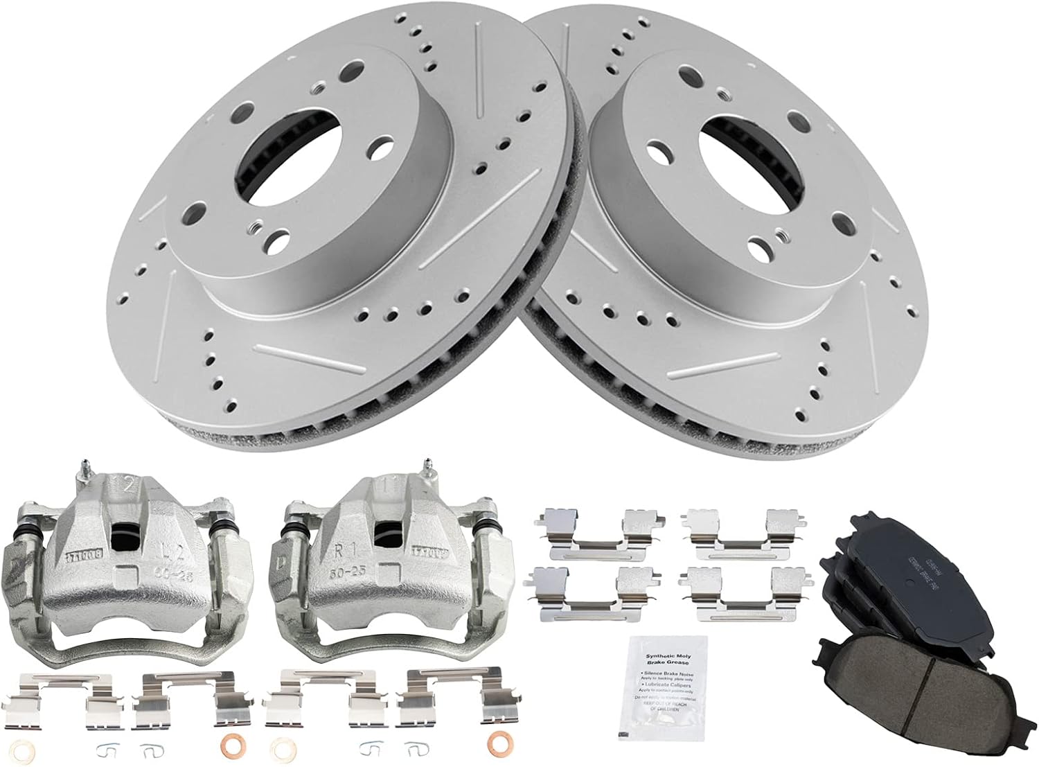 TRQ Performance Front Ceramic Brake Pad and Rotor Set Drilled Slotted Coated Compatible with 2005-2015 Toyota Tacoma with 5 Lug Wheels