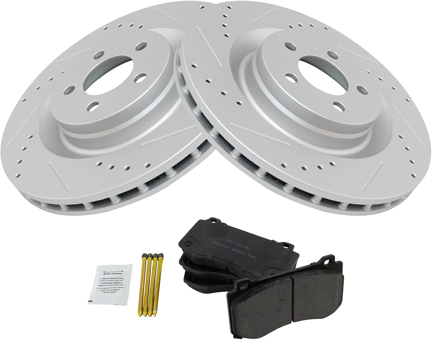TRQ Performance Front Brake Pad and Rotor Set Ceramic Coated Drilled Slotted Vented Rotors Compatible with 2005-2014 Chrysler 300 2006-2019 Dodge Challenger 2006-2018 Charger 2006-2008 Magnum