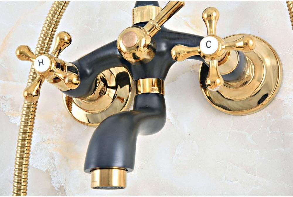 Bathtub Faucet with Cold and Hot Water Wall Mounted Brass Shower Tap Dual Handle Set with Bidet Spray Head, Spout, Gold and Black