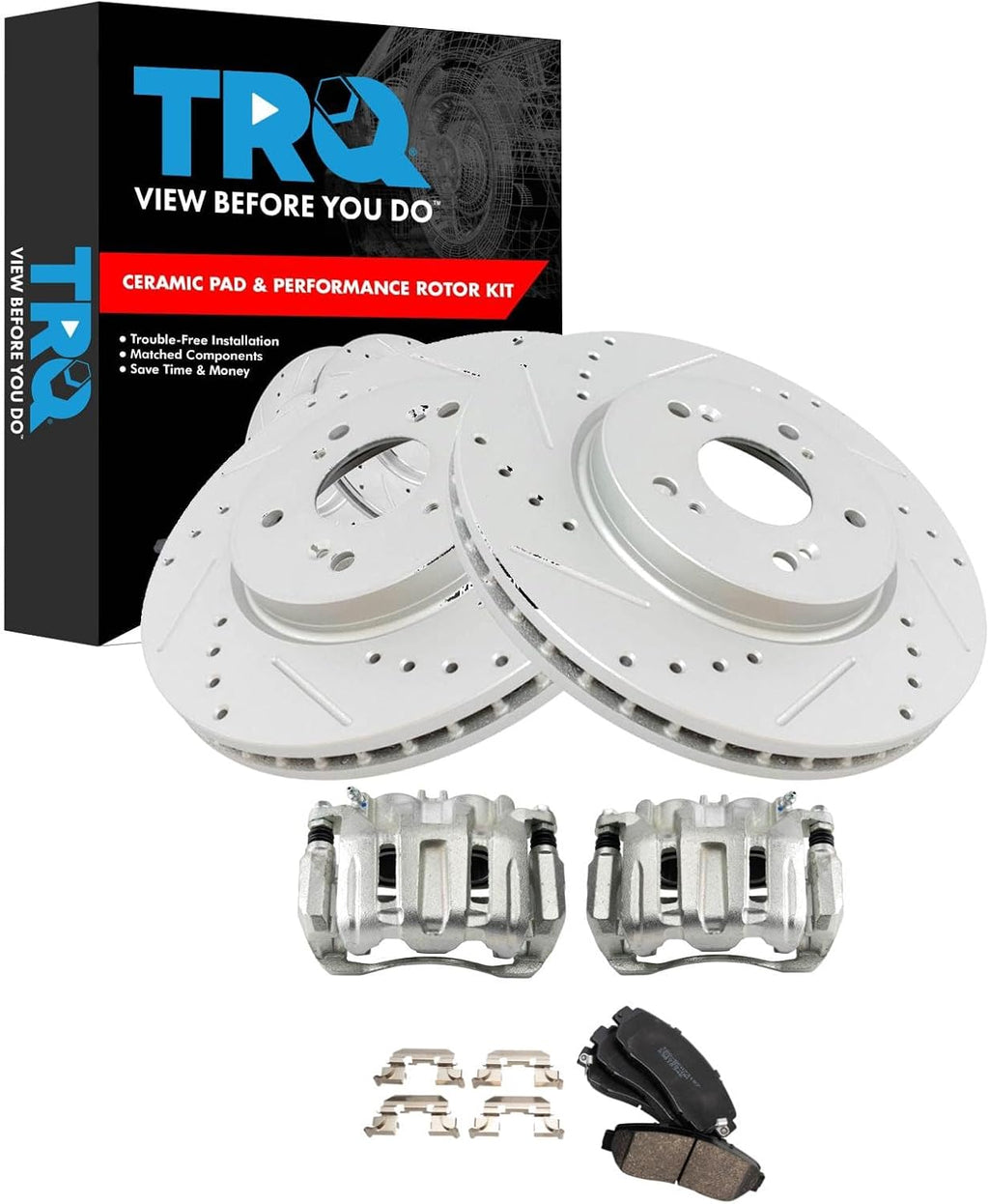 TRQ Performance Front Brake Pad and Rotor Set Ceramic Coated Drilled Slotted Rotors Calipers Compatible with 2007-2012 Acura RDX 2010-2011 Honda Accord Crosstour 2007-2011 CR-V