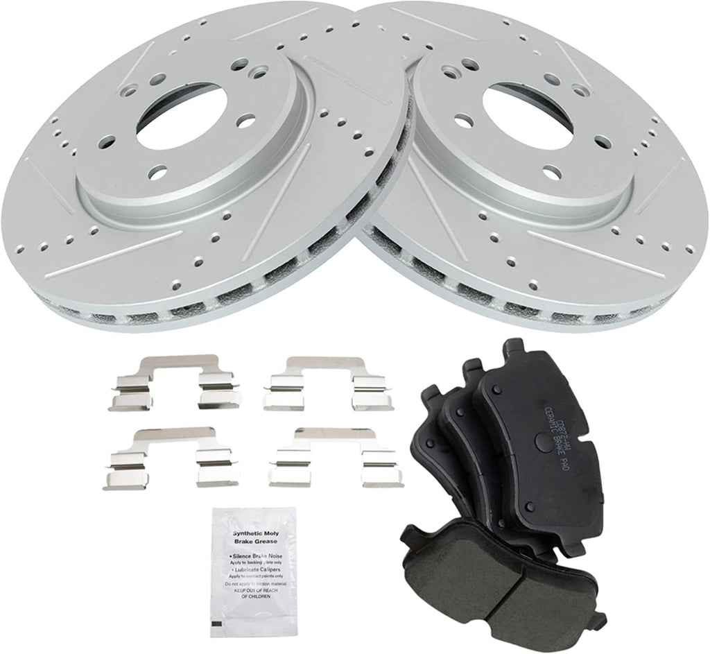 TRQ Performance Front Brake Pad & Rotor Set Ceramic Drilled Coated Rotors Compatible with 01-05 Mercedes-Benz C320 03-05 C240 CLK320 06-07 C280 C350 06-09 CLK350 06-08 SLK280 09-11 SLK300