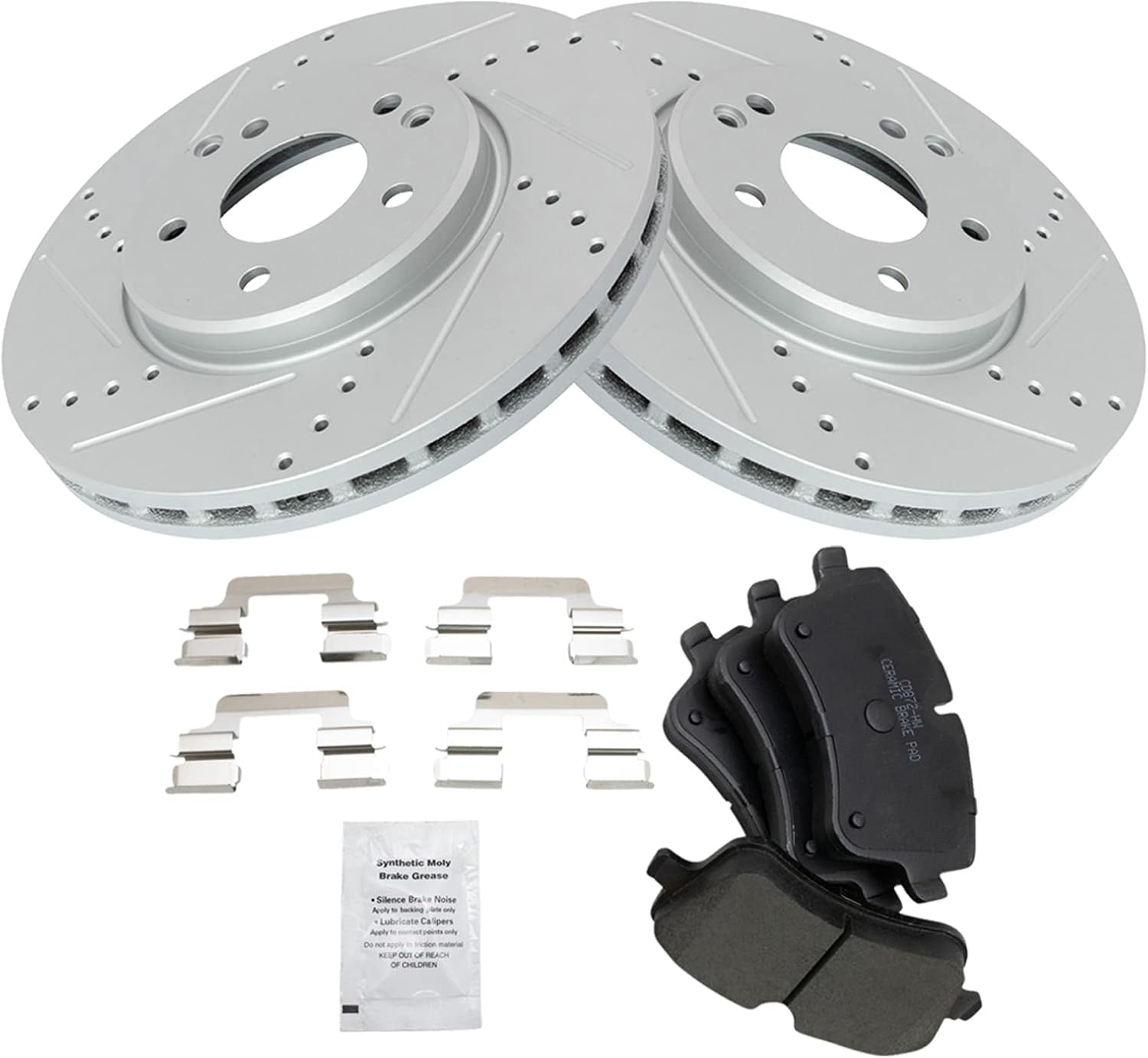 TRQ Performance Front Brake Pad & Rotor Set Ceramic Drilled Coated Rotors Compatible with 01-05 Mercedes-Benz C320 03-05 C240 CLK320 06-07 C280 C350 06-09 CLK350 06-08 SLK280 09-11 SLK300