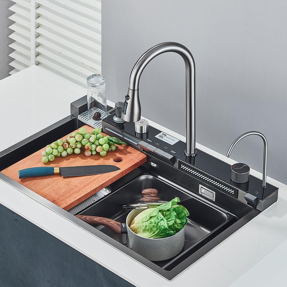 Digital Display Waterfall Kitchen Sink Gun Grey Stainless Steel Single Bowl Kitchen Sink With Pull-Out Faucet Kitchen Sink Workstation with Multiple Accessories(29.52'X18.11')