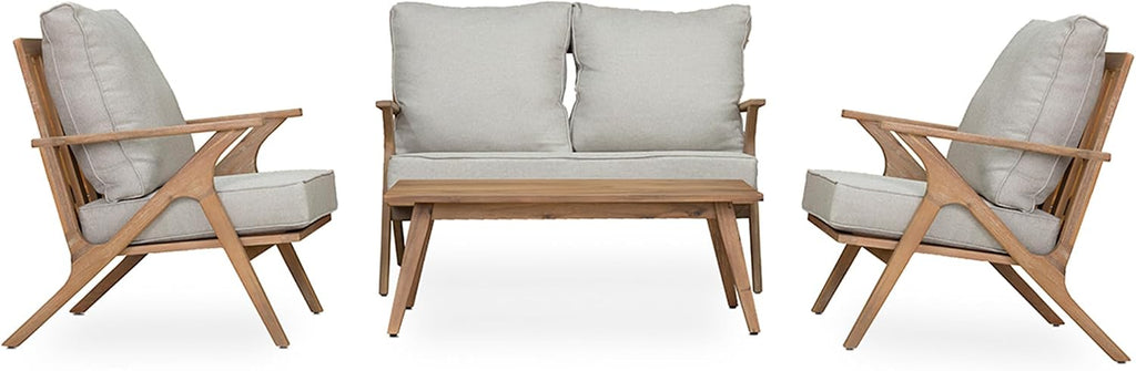 4 Pieces Acacia Wood Patio Furniture Set, Outdoor Seating Sofa Set with Grey Cushions & Back Pillow, Outdoor Conversation Set with Coffee Table (Grey+Brown-GB)