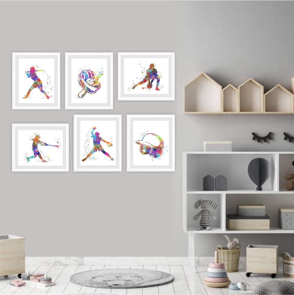 Dignovel Studios 18X24 Unframed (Set of 6) Watercolor Art Print Poster Girl Baseball Softball Helmet Glove Ball bat Blazer Sport Bedroom dnc4