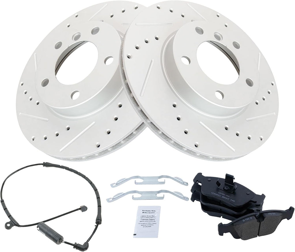 TRQ Front Performance Brake Pad & Rotor Kit Brake Pad Wear Sensor Brake Pads Brake Rotors Set Ceramic Premium G-Coated Compatible with 2000 BMW 323Ci 1999-2000 323i