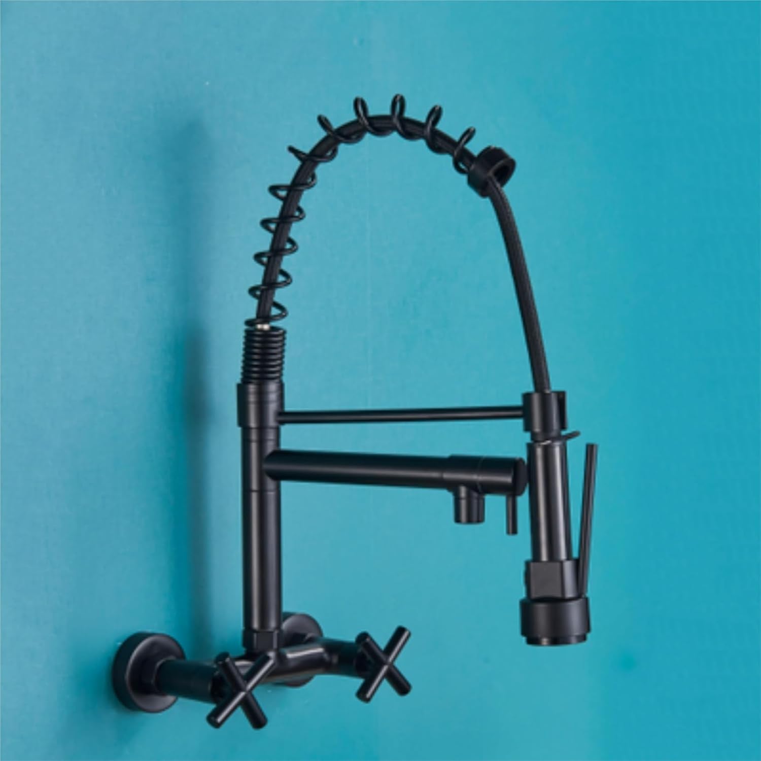 Wall-Mounted Spring Kitchen Faucet Pull Down Spray Nozzle Dual Handle 360 Rotation Hot and Cold Water Mixer Tap(Matte Black)