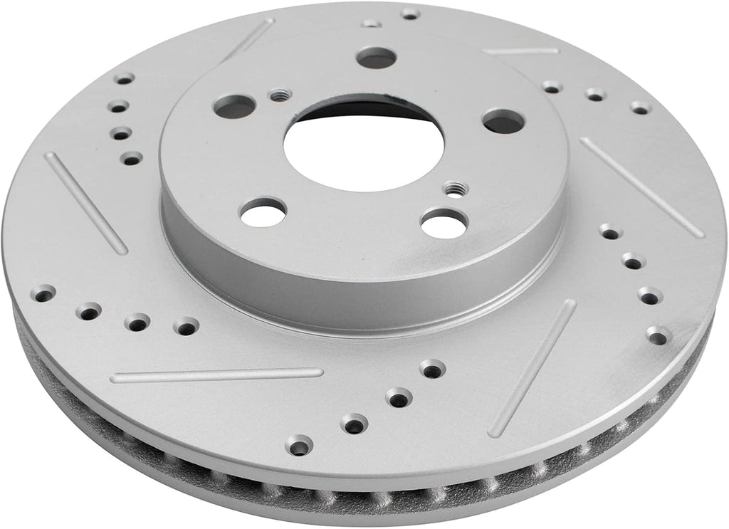 TRQ Performance Front Brake Pad and Rotor Set Ceramic Coated Drilled Slotted Rotors Compatible with 2011-2017 Lexus CT200h 2010-2015 Toyota Prius 2012-2015 Prius Plug-In