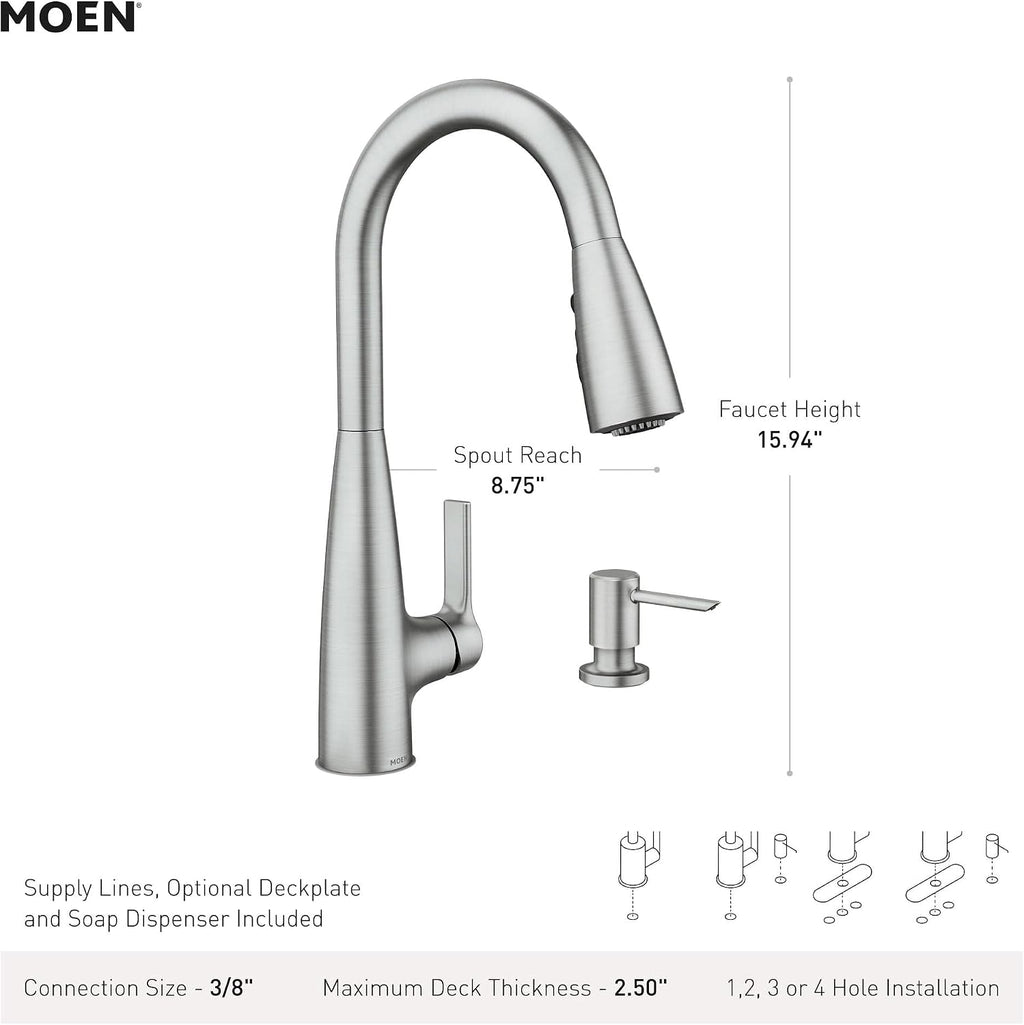 Moen Haelyn Pulldown Kitchen Faucet with Power Boost, 87627 | Pulldown sprayer, Power Boost technology, Soap dispenser included, Chrome finish, High arc faucet