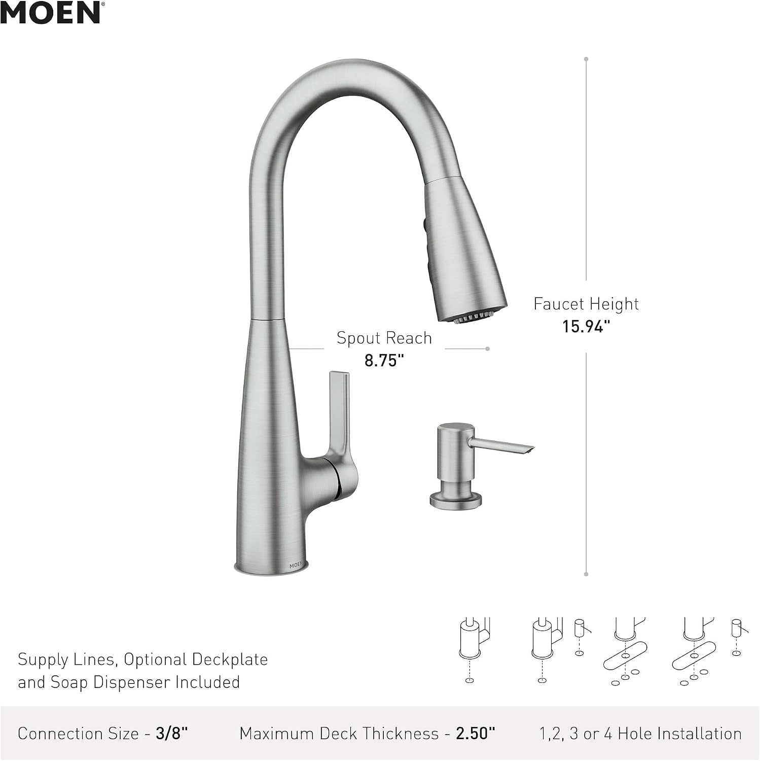 Moen Haelyn Pulldown Kitchen Faucet with Power Boost, 87627 | Pulldown sprayer, Power Boost technology, Soap dispenser included, Chrome finish, High arc faucet
