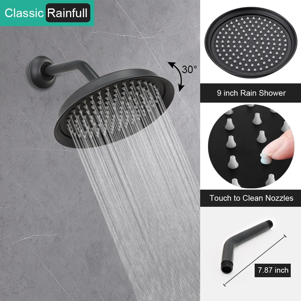 Matte-Black Vintage Shower-Faucet Sets, Antique Brass Shower System, Wall Mounted, 9' Rain Head and Handheld Spray, 2 Way Diverter Rough in Valve with Trim Kit