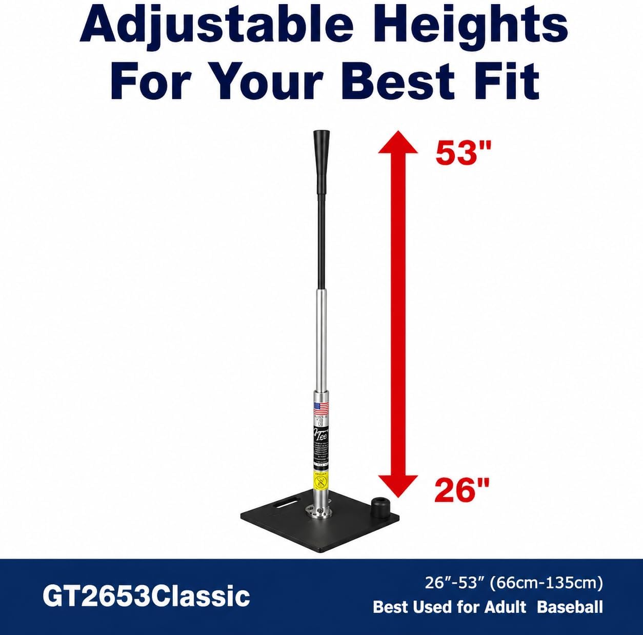 G Tee Classic Baseball/Softball Batting Tee Adjustable | Flexible Rubber Cup & Stainless Steel Aluminum Base | Best Tee for All Ages | Used by Pros | Made in USA 2 Year Warranty