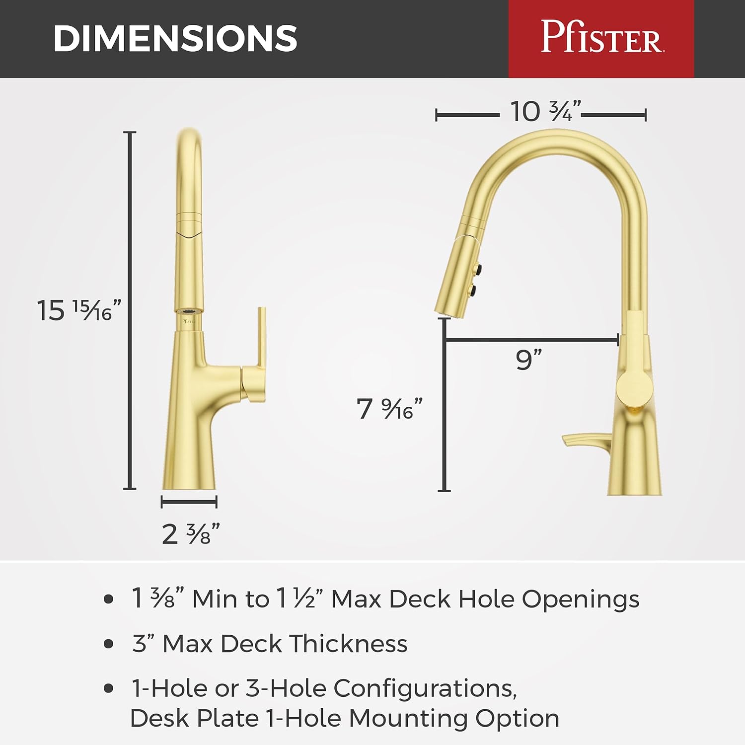 Pfister Tasso Kitchen Faucet with Pull Down Sprayer and Soap Dispenser, Single Handle, High Arc, NSF Certified, Brushed Gold Finish, F5297TSOBG