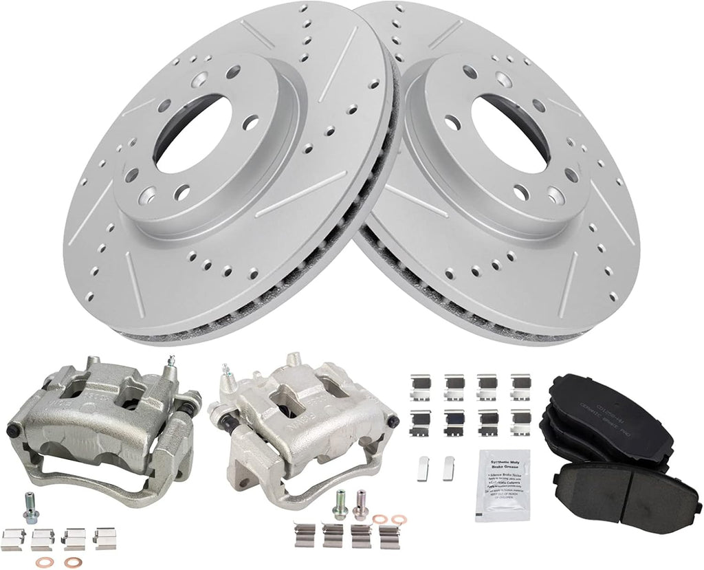 TRQ Performance Front Brake Pad and Rotor Set Ceramic Coated Drilled Slotted Rotors Calipers Compatible with 2007-2012 Mazda CX-7