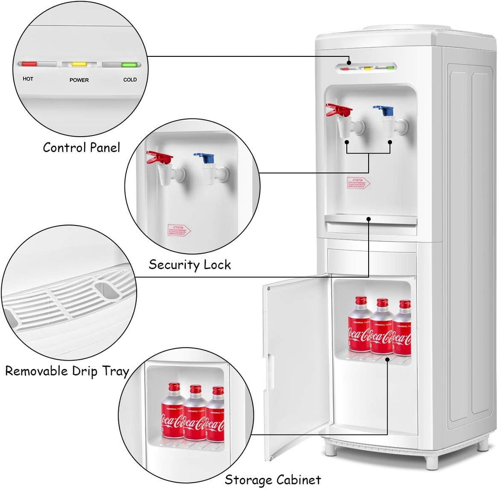 Rainfally Top Loading Water Cooler Dispenser, 3-5 Gallon Hot & Cold Dual-use Water Dispenser w/Bottom Storage Cabinet, Child Safe Lock, Energy-Saving Approved (White)