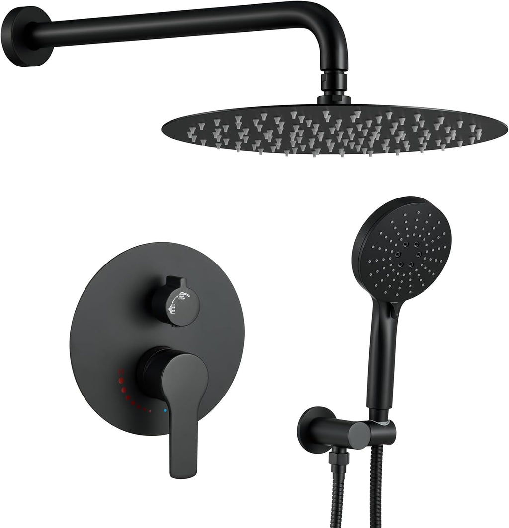 Matte Black Shower System, High Pressure Shower Faucets Sets Complete Has 12 Inches Matte Black Shower Head and Handle Set, Shower Fixtures with Brass Valve for Bathroom