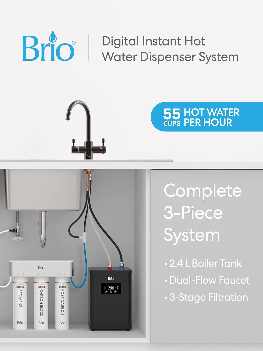 Brio 3-Stage Digital Instant Hot Water Undersink Dispenser System with Dual Flow Faucet in Oil Rubbed Bronze, Dispenses Hot & Room, NSF/ANSI 42, 53, 61 & 372, Filters Included
