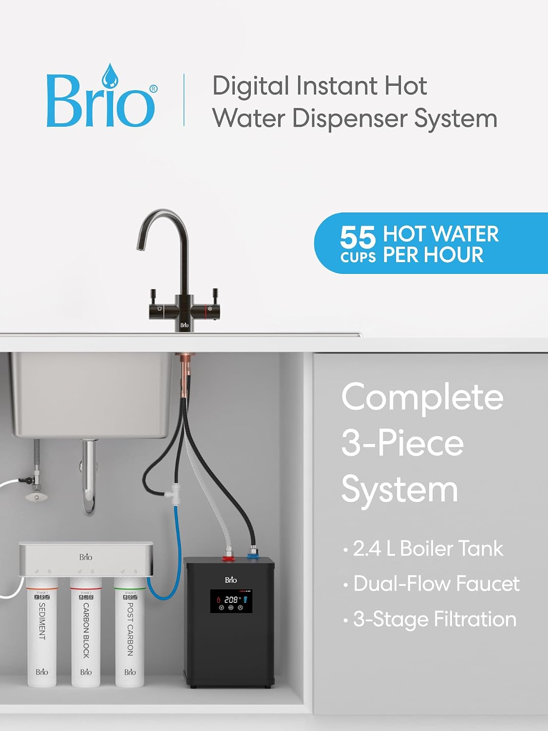 Brio 3-Stage Digital Instant Hot Water Undersink Dispenser System with Dual Flow Faucet in Oil Rubbed Bronze, Dispenses Hot & Room, NSF/ANSI 42, 53, 61 & 372, Filters Included