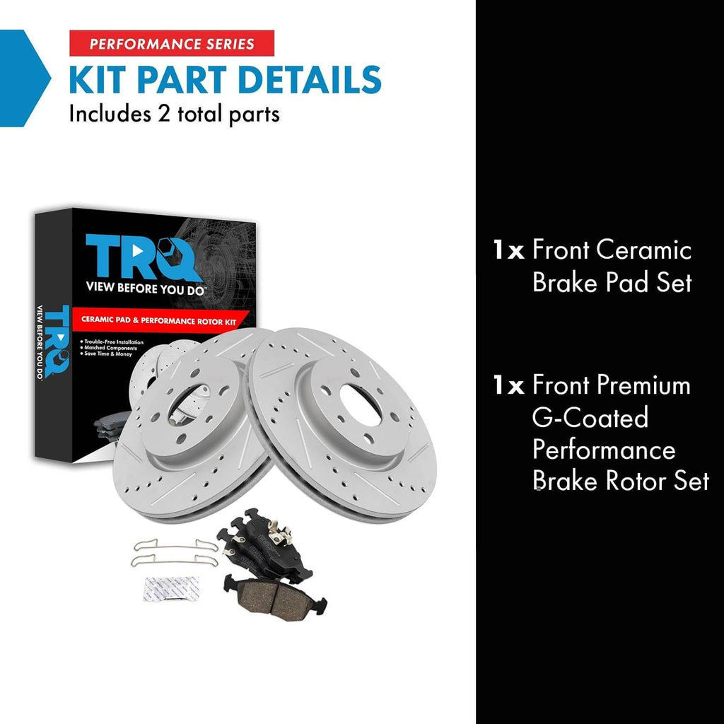 TRQ Performance Front Brake Pad and Rotor Set Ceramic Drilled Slotted G Coated Rotors Compatible with 2012-2017 Fiat 500