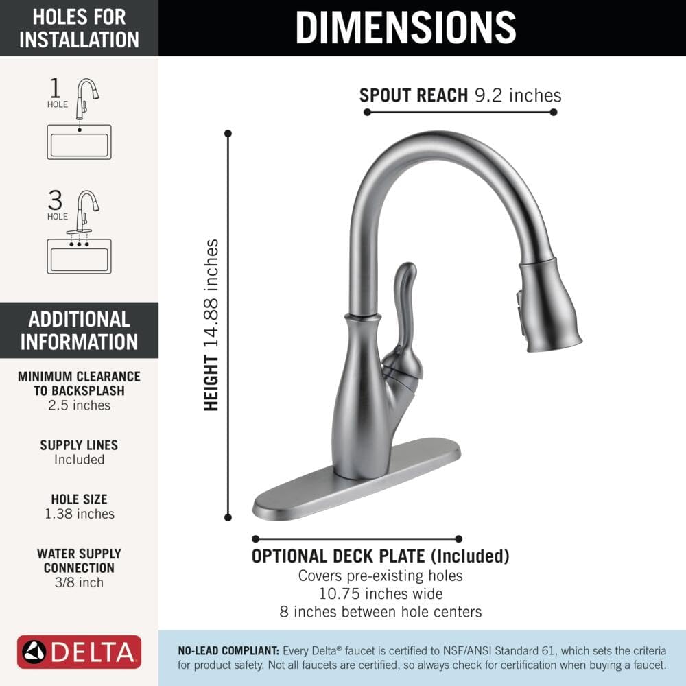 Delta Leland Brushed Nickel Kitchen Faucet, Kitchen Faucets with Pull Down Sprayer, Kitchen Sink Faucet, Faucet for Kitchen Sink with Magnetic Docking Spray Head, Arctic Stainless 9178-AR-DST